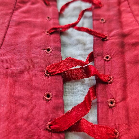 Antique Victorian Handmade Red Silk Lace Up Wasp Waist Corset With Boning - Picture 3 of 7